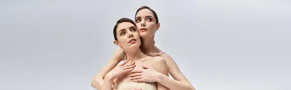 Elegant twins embrace each other, highlighting their close relationship and unique beauty. — Stock Photo