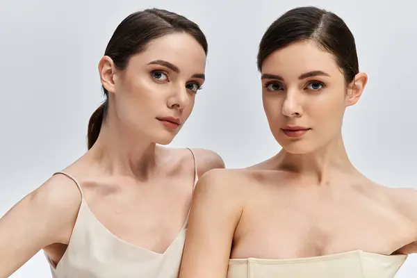 Twin sisters radiate beauty and confidence, embracing their unique bond and style. — Stock Photo