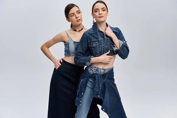 Two beautiful sisters pose confidently in trendy denim, highlighting their strong family connection. — Stock Photo