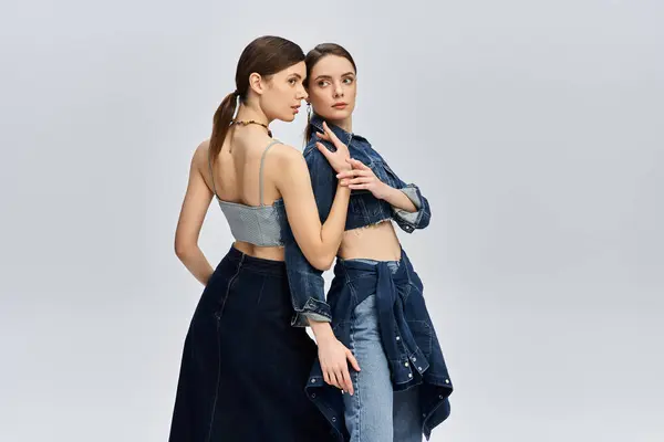 Two beautiful sisters showcase their fashion sense in contemporary attire while striking a pose. — Stock Photo
