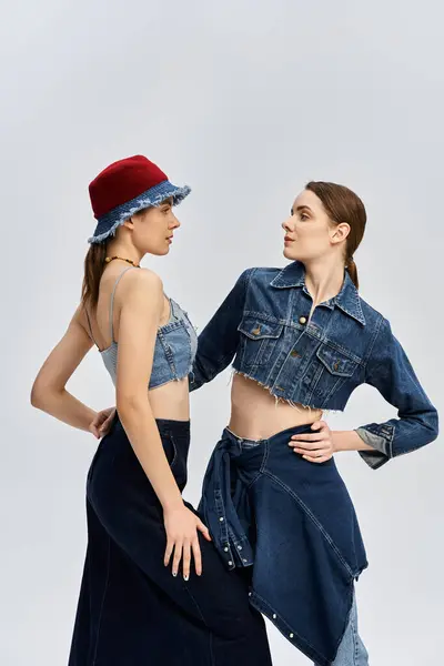 Twins display their individuality through stylish denim ensembles while posing together. — Stock Photo