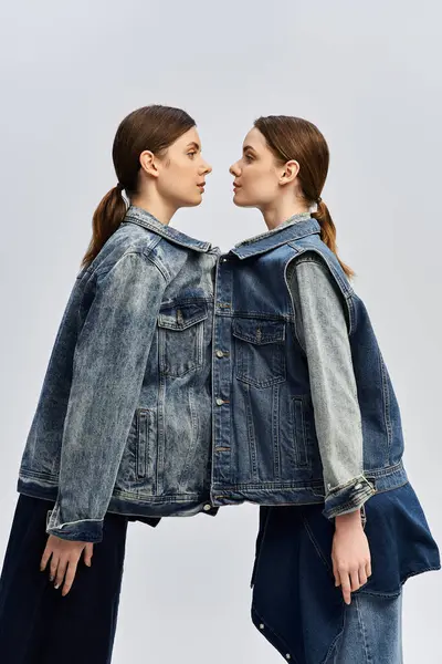Two twin sisters in matching denim jackets stand face to face, highlighting their bond. — Stock Photo