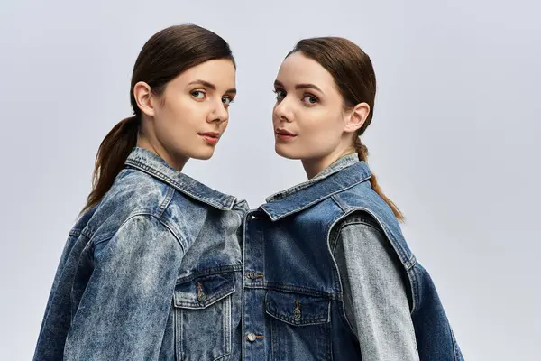 Two beautiful sisters pose closely together in trendy denim outerwear, showcasing their bond. — Stock Photo