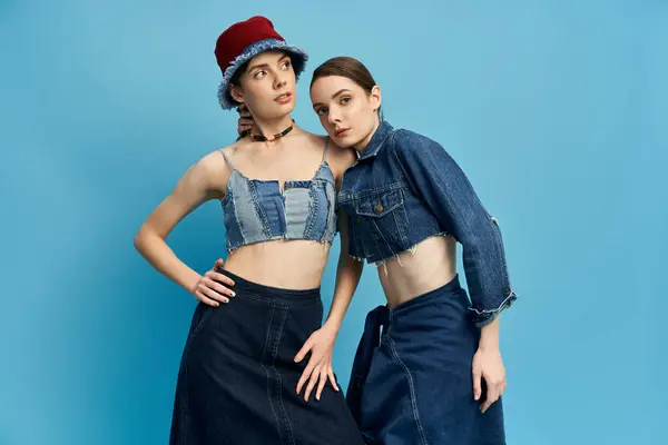 Two pretty women, who are twins, showcase trendy denim fashion while posing together playfully. — Stock Photo
