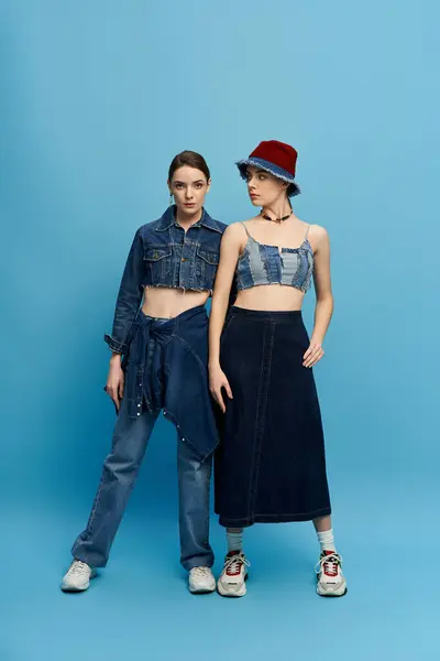Two beautiful sisters pose together in trendy denim outfits against a vivid blue backdrop. — Stock Photo