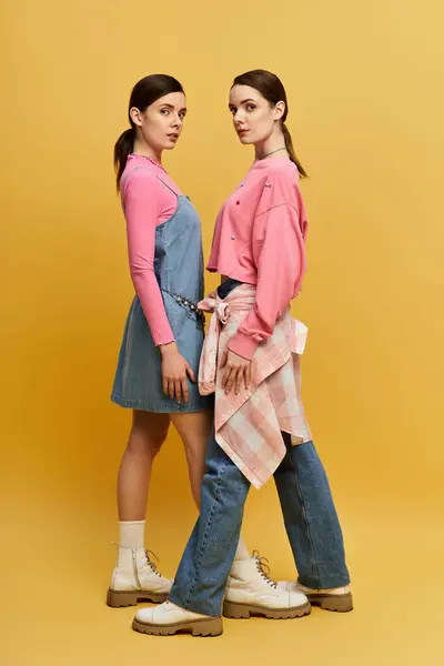 Due bellissimi gemelli posano fiduciosi nei loro abiti alla moda. — Foto stock