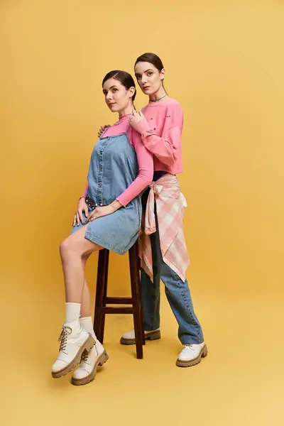 Two pretty sisters stand confidently, showcasing their stylish outfits and strong bond. — Stock Photo