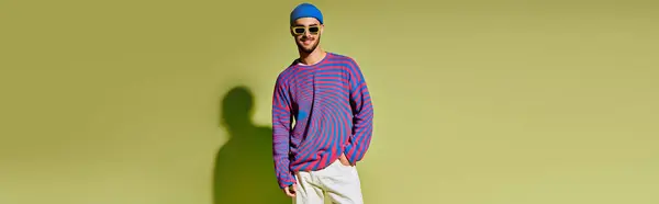 Handsome young man stands confidently in a fashionable outfit with trendy sunglasses, exuding style, banner — Stock Photo