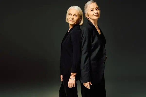Two stylish mature women stand back to back, embodying romance and confidence in their attire. — Stock Photo