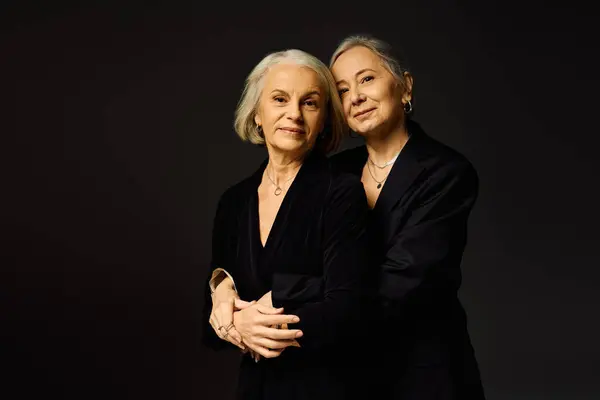 Two fashionable mature women embrace affectionately in a contemporary setting, radiating love. — Stock Photo
