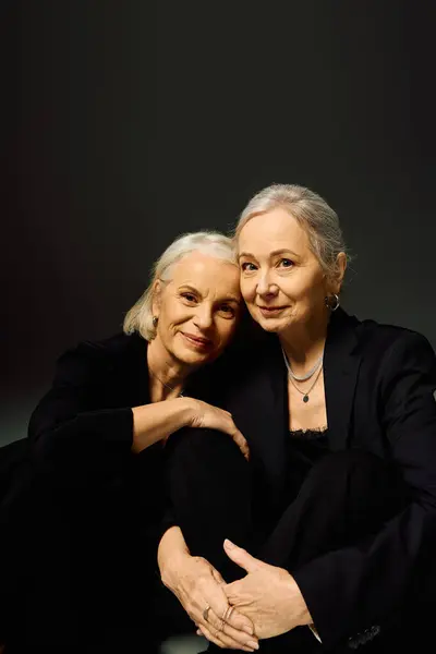 Two stylish women share a loving embrace in a serene setting. — Stock Photo