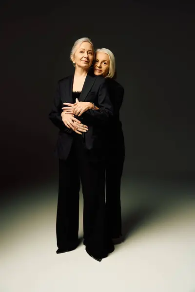Two mature women share a warm embrace, showcasing their stylish outfits and deep connection. — Stock Photo