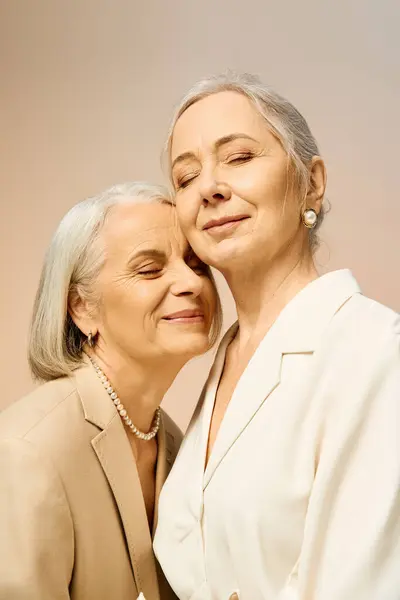 Two women share a warm embrace, radiating joy and love in a chic and stylish setting. — Stock Photo