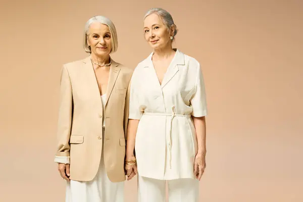 Two fashionable women stand together, exuding romance and confidence in a warm toned environment. — Stock Photo