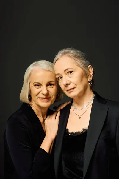 Two mature women embrace affectionately, radiating style and confidence in a modern atmosphere. — Stock Photo