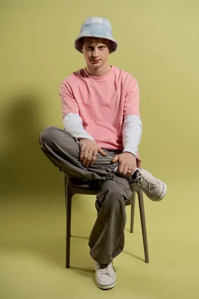Young man sits confidently on a chair, displaying his fashionable style against a bright backdrop. — Stock Photo