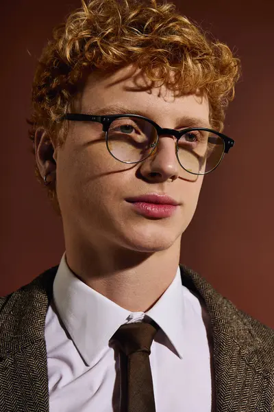 A young man with curly hair and glasses showcases a fashionable look against a warm background. — Stock Photo