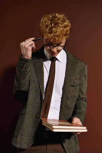 Un jeune homme élégant aux cheveux bouclés étudie un livre avec soin dans une atmosphère chaleureuse. — Stock Photo