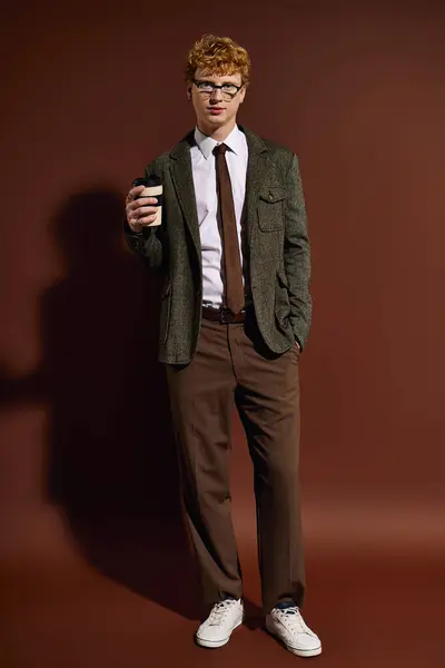 A stylish young man sips coffee against a cozy backdrop. — Stock Photo