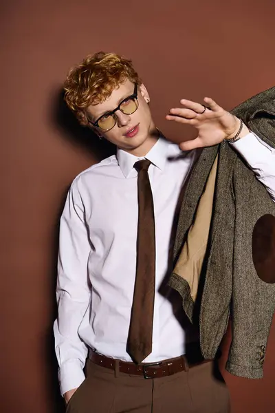 Un giovane elegante con una camicia croccante e occhiali alla moda posa con fiducia, tenendo una giacca. — Foto stock