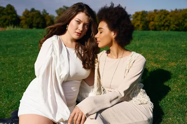 Two fashionable women relax in a vibrant park during a sunny spring day, radiating confidence. — Stock Photo