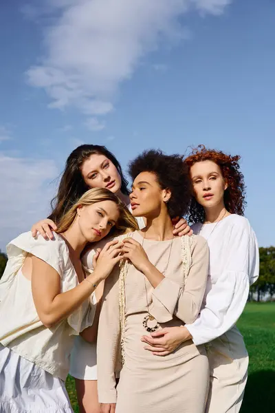 Stylish women embrace nature and friendship while showcasing vibrant spring fashion outdoors. — Stock Photo