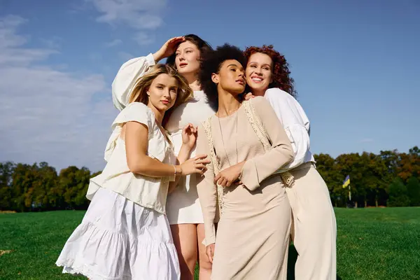 Four stylish young women enjoy a sunny day in the park, radiating confidence and beauty. — Stock Photo