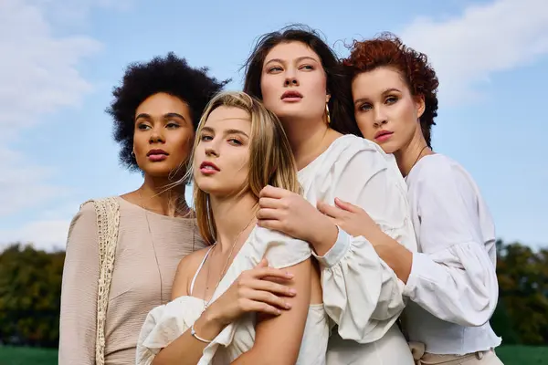 Four confident women exude style and charm in a vibrant outdoor park during springtime. — Stock Photo
