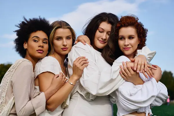 Four fashionable women showcase their confidence and beauty in a vibrant spring park. — Stock Photo