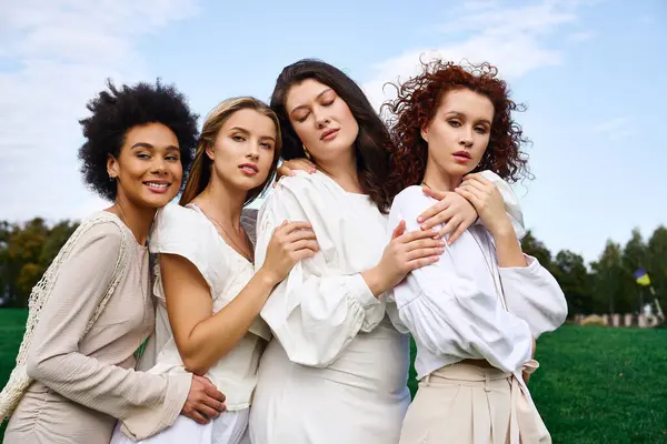 Four fashionable women shine with confidence in a beautiful outdoor park during springtime. — Stock Photo