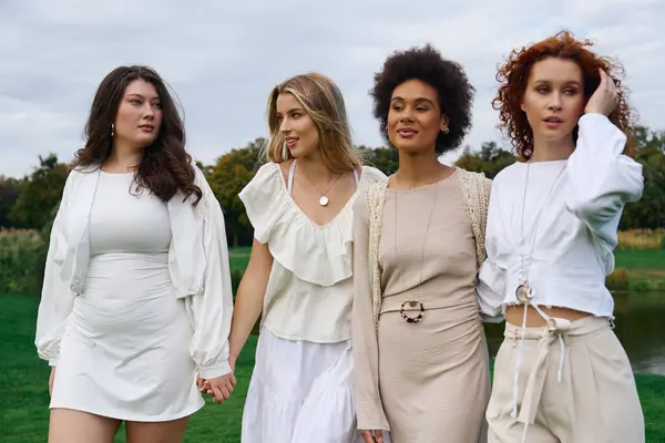 Four stylish women enjoy a confident stroll through a serene park in springtime. — Stock Photo