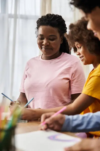 In a sunny room, a happy family bonds through fun, creative activities together. — Stock Photo