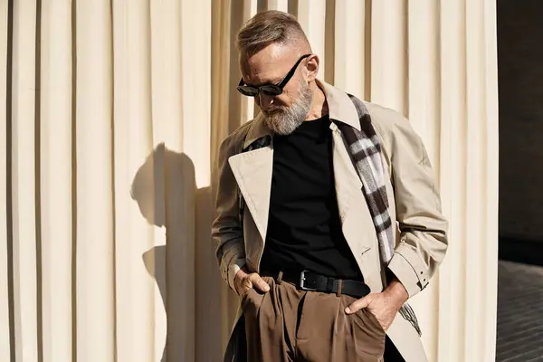 A handsome senior man strolls through the city, showcasing his chic fashion sense. — Stock Photo