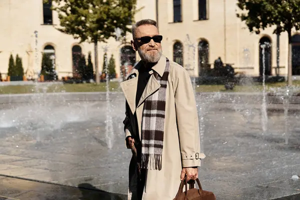 A stylish senior man confidently walks through a bustling city park, in chic attire. — Stock Photo