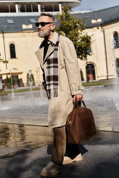 Elegant senior man dons a fashionable outfit, strolling through a lively cityscape. — Stock Photo