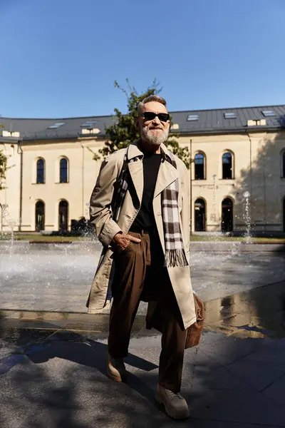 A senior man showcases his stylish attire while walking through cityscape adorned with architecture. — Stock Photo
