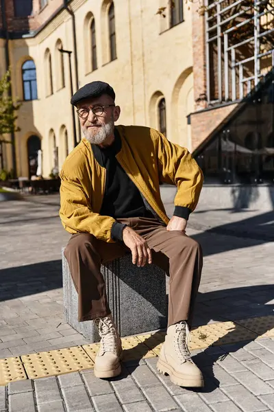 A senior man sits on a stylish stone block in a lively cityscape, dressed in fashionable attire. — Stock Photo