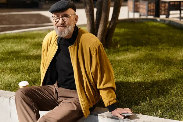 A dapper senior man relaxes on a park bench, in trendy attire with a stylish jacket and cap. — Stock Photo