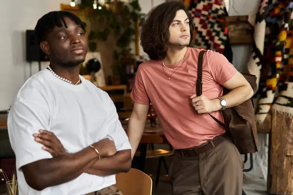 Two handsome individuals share an intimate moment on a date at a stylish cafe, radiating love. — Stock Photo