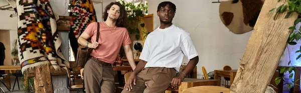 Dos hombres guapos comparten un momento alegre durante una acogedora cita en un animado café, rodeado de arte. - foto de stock