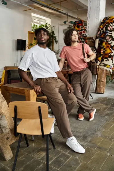 Two handsome men enjoy each others company while sitting in a charming cafe filled with art. — Stock Photo