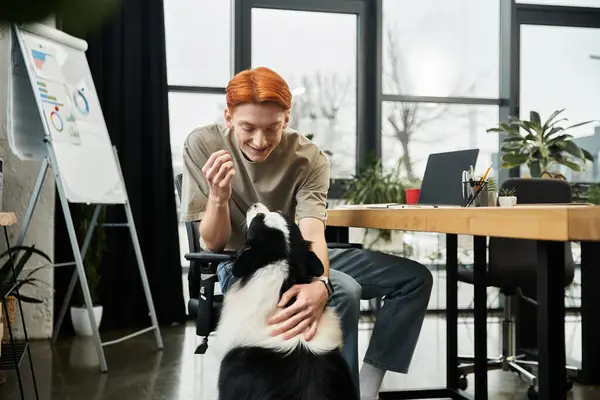 A young red haired man smiles while interacting with a dog during work hours in a bright office. — Stock Photo