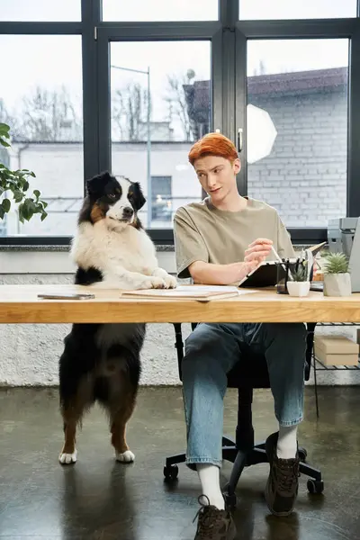 A young red haired man works at his desk with a cheerful dog beside him. — Stock Photo