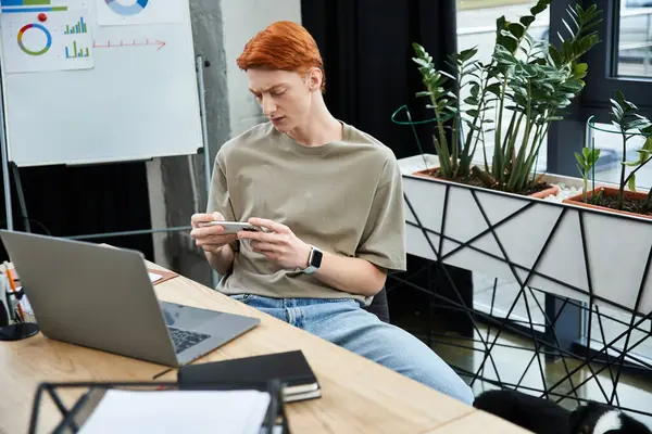 In a chic office, a focused young man with red hair analyzes his smartphone. — Stock Photo