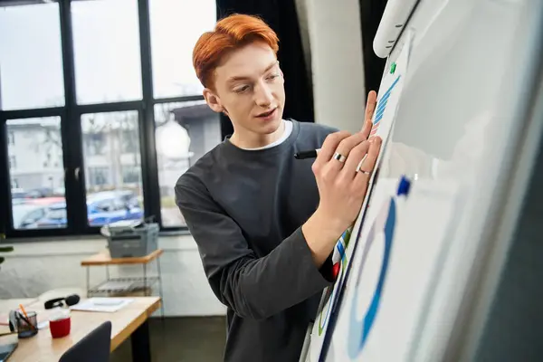 A young man with red hair intently sketches ideas on a whiteboard at work. — Stock Photo