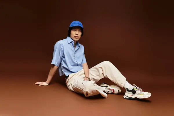 A young man showcases his fashion sense in a trendy studio, exuding charisma and style. — Stock Photo