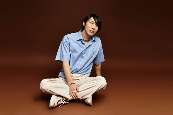 A young man showcases his fashion sense while seated comfortably in a stylish studio. — Stock Photo