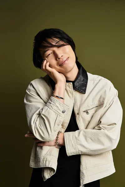 A young Asian man showcases his fashion sense in a studio, striking a playful pose. — Stock Photo