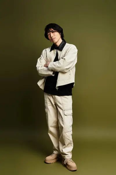 Um jovem asiático mostra sua roupa na moda, exalando confiança e estilo em um ambiente de estúdio. — Fotografia de Stock