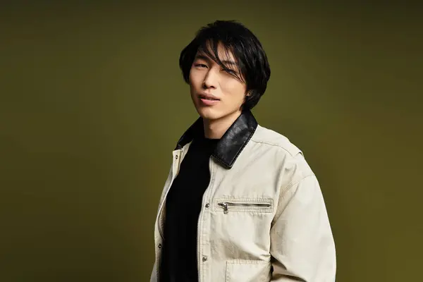 A young Asian man showcases his fashion sense in a chic studio, embodying modern style. — Stock Photo